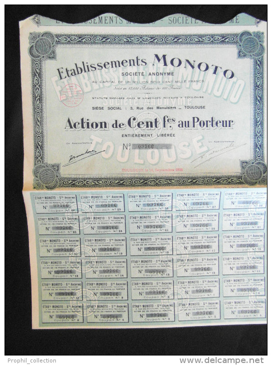 Action 100 Frs Etablissements MONOTO Societe Anonyme Siege Social Toulouse Share Coupons 14/08/1932 - M - O