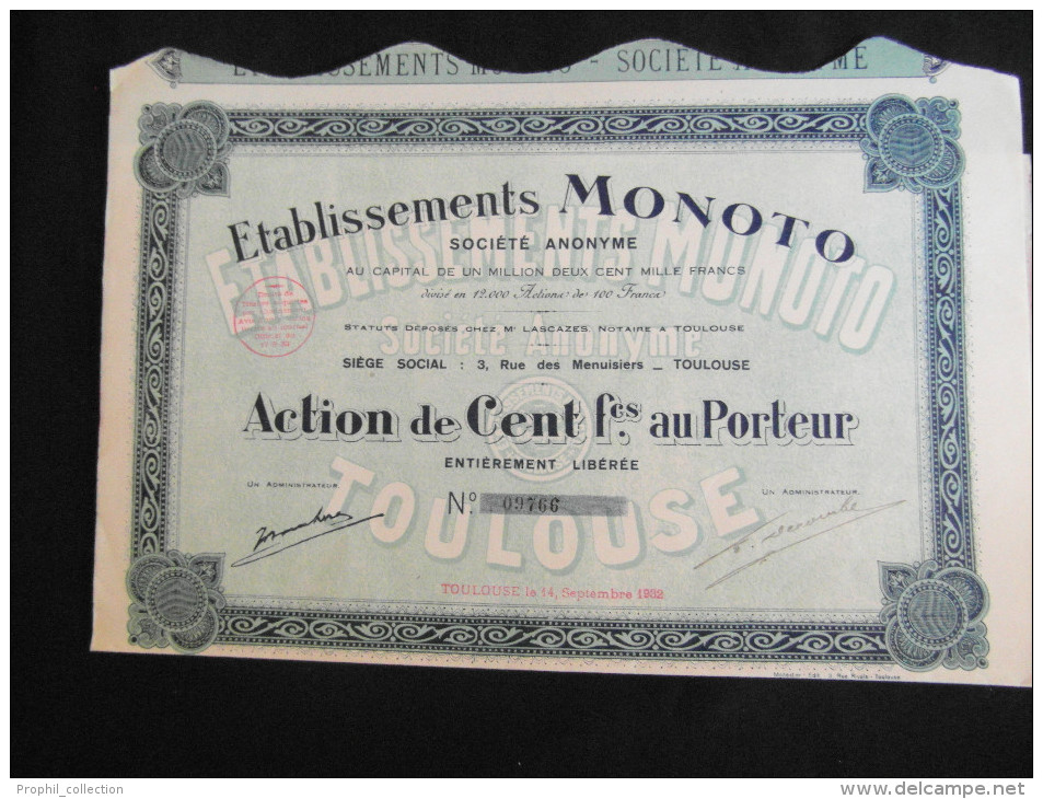 Action 100 Frs Etablissements MONOTO Societe Anonyme Siege Social Toulouse Share Coupons 14/08/1932 - M - O