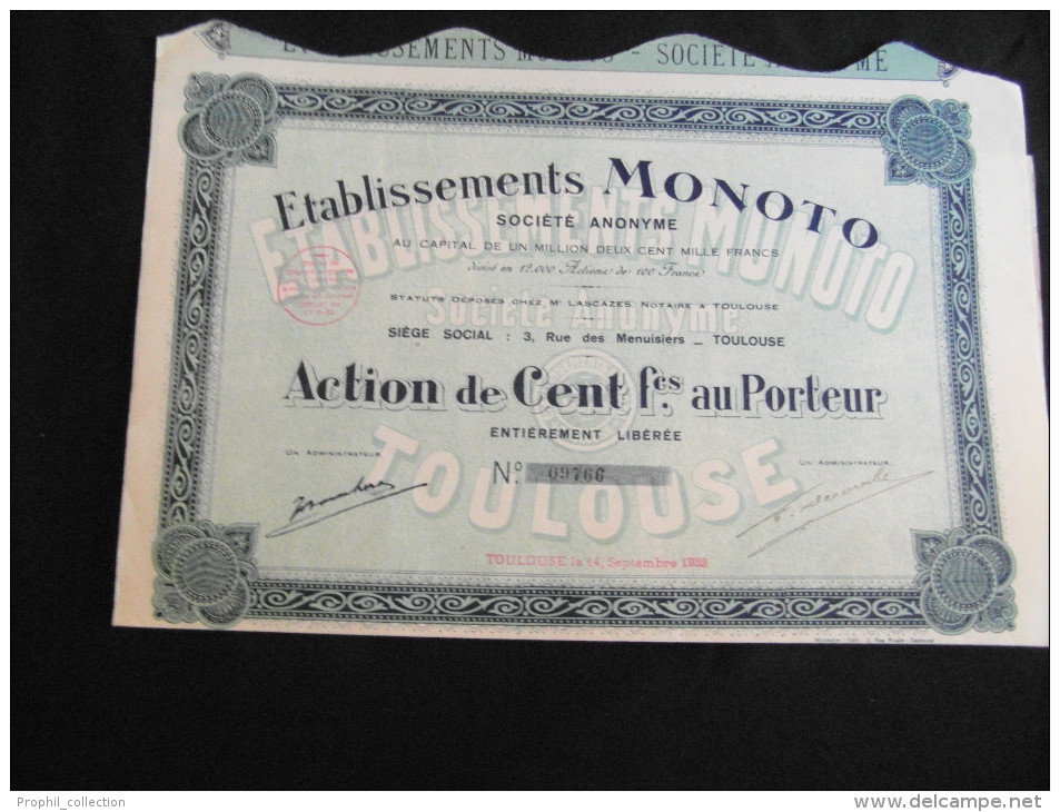 Action 100 Frs Etablissements MONOTO Societe Anonyme Siege Social Toulouse Share Coupons 14/08/1932 - M - O