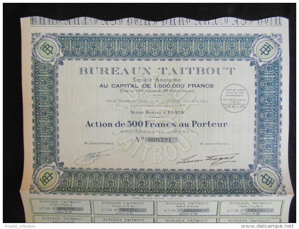 Action 500 Frs Bureaux Taitbout Siège Social à Paris Share Coupons 19/3/1924 - A - C