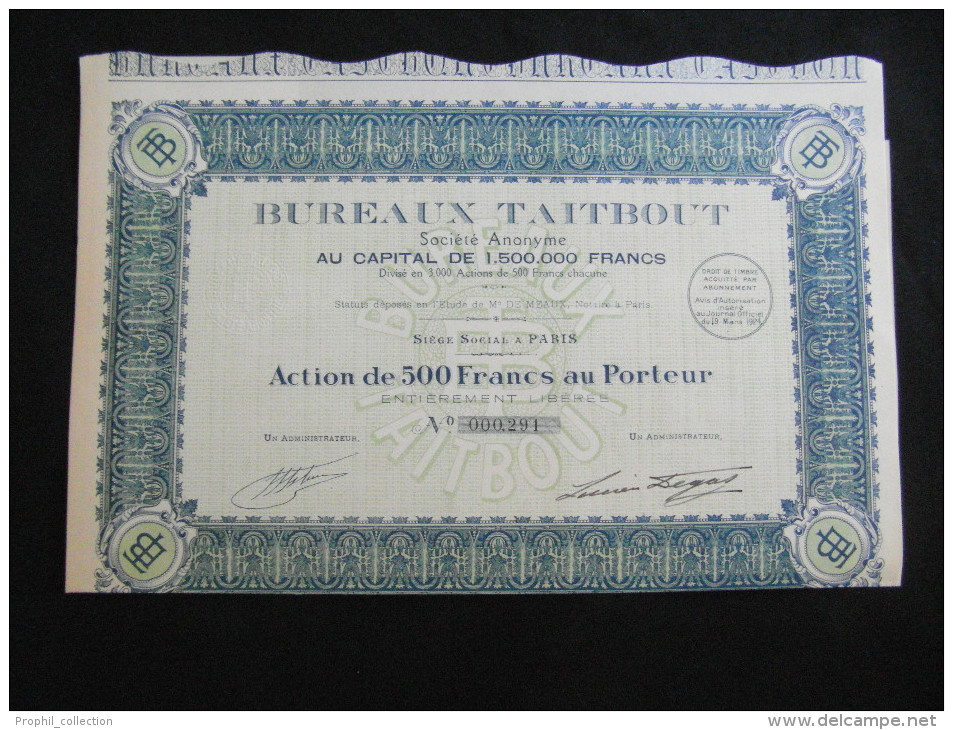 Action 500 Frs Bureaux Taitbout Siège Social à Paris Share Coupons 19/3/1924 - A - C