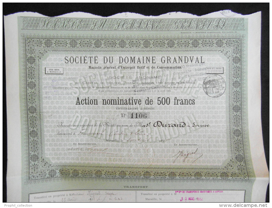 Action Nomative 500 Frs Societe Du Domaine Grandval  Share Coupons Marseille 02/08/1895 - D - F