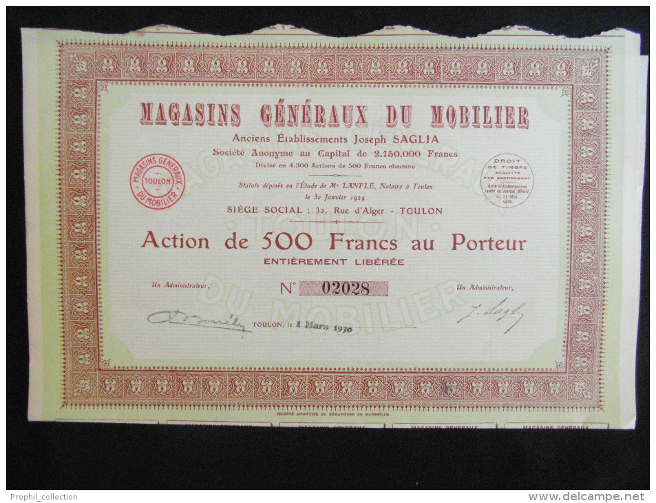 Action 500 Frs Magasins Generaux Du Mobilier Anciens Etablissements Joseph Saglia Share Coupons Siege Toulon - M - O