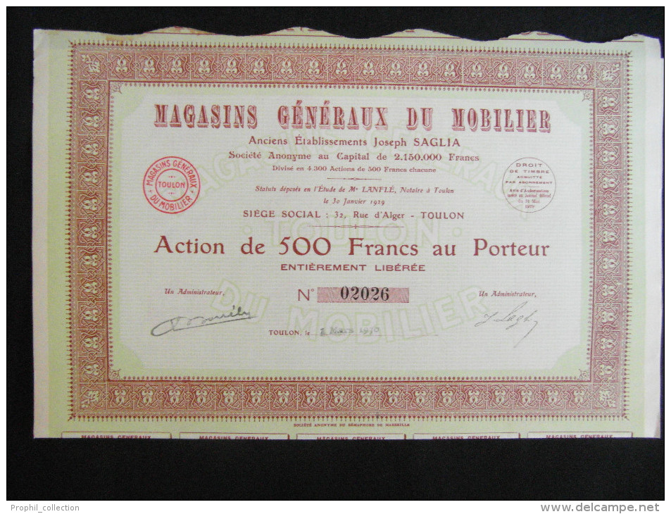 Action 500 Frs Magasins Generaux Du Mobilier Anciens Etablissements Joseph Saglia Share Coupons Siege Toulon - M - O