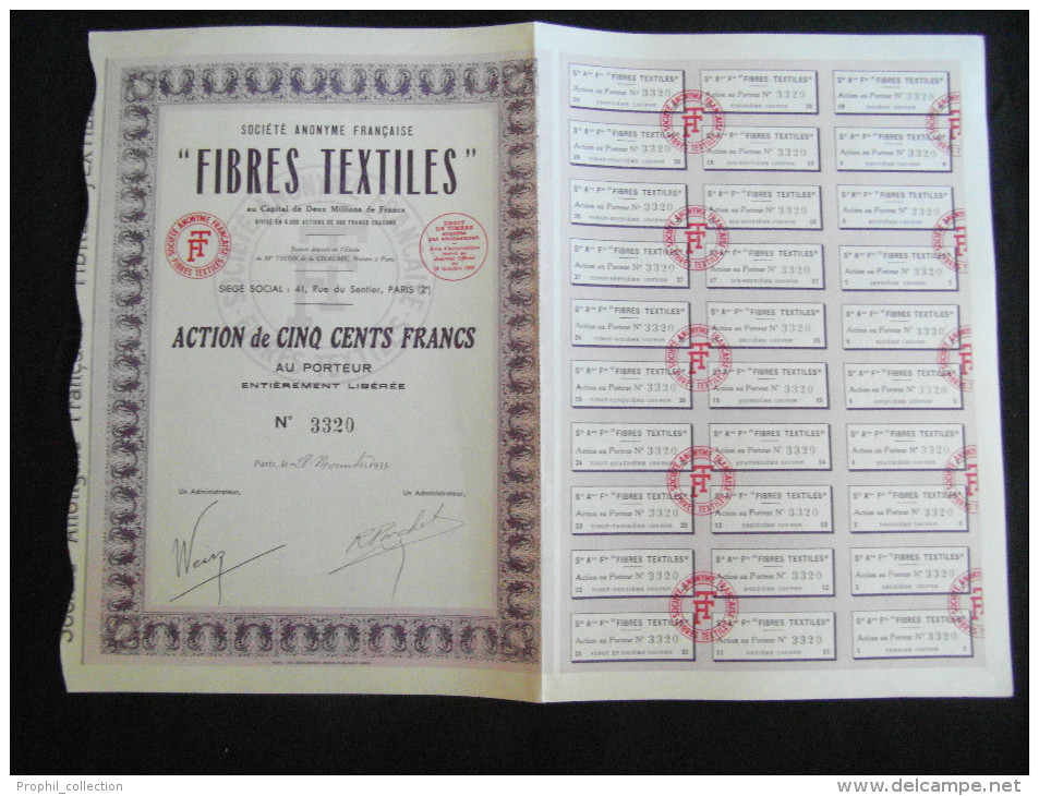 Action 500 Frs Societe Anonyme Française Fibres Textiles Share Coupons Siege Social Paris 28/11/1933 - M - O