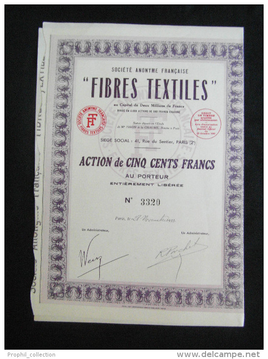 Action 500 Frs Societe Anonyme Française Fibres Textiles Share Coupons Siege Social Paris 28/11/1933 - M - O