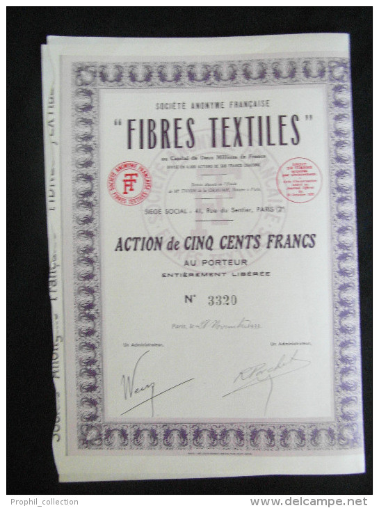 Action 500 Frs Societe Anonyme Française Fibres Textiles Share Coupons Siege Social Paris 28/11/1933 - M - O