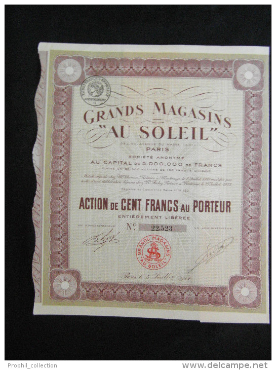 Action 500 Frs Grands Magasins "AU SOLEIL" Share Coupons Siege Social Paris 5/07/1923 - G - I