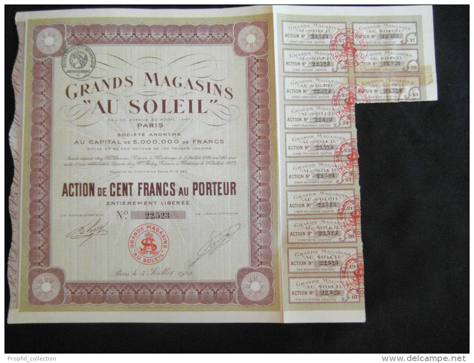 Action 500 Frs Grands Magasins "AU SOLEIL" Share Coupons Siege Social Paris 5/07/1923 - G - I