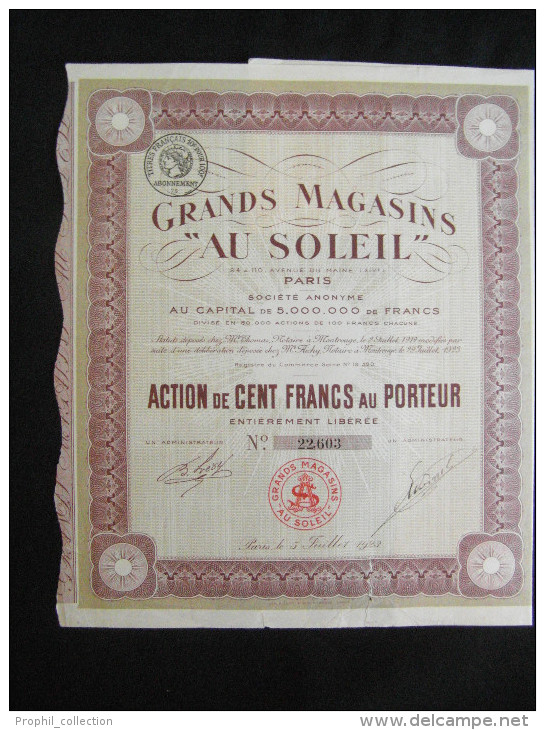 Action 500 Frs Grands Magasins "AU SOLEIL" Share Coupons Siege Social Paris 5/07/1923 - G - I