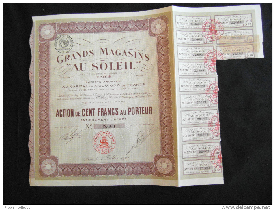 Action 500 Frs Grands Magasins "AU SOLEIL" Share Coupons Siege Social Paris 5/07/1923 - G - I