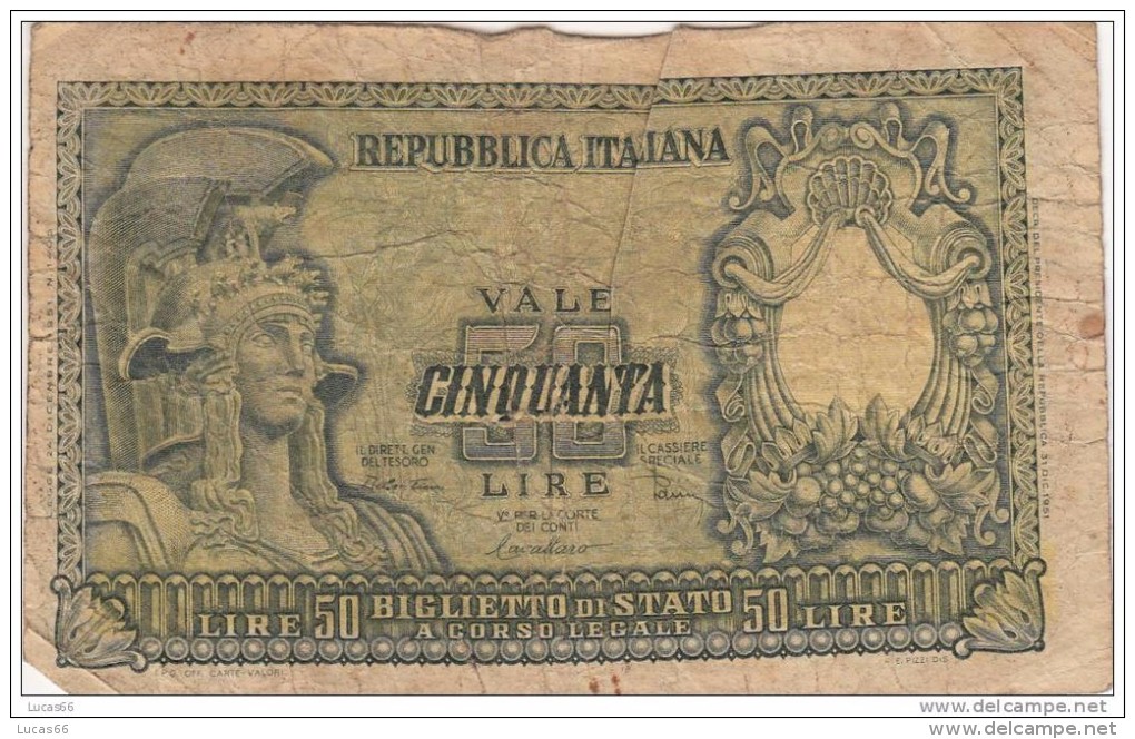 BANCONOTA 50 LIRE DI CRISTINA CAVALLARO PARISI - USURATA - 50 Lire