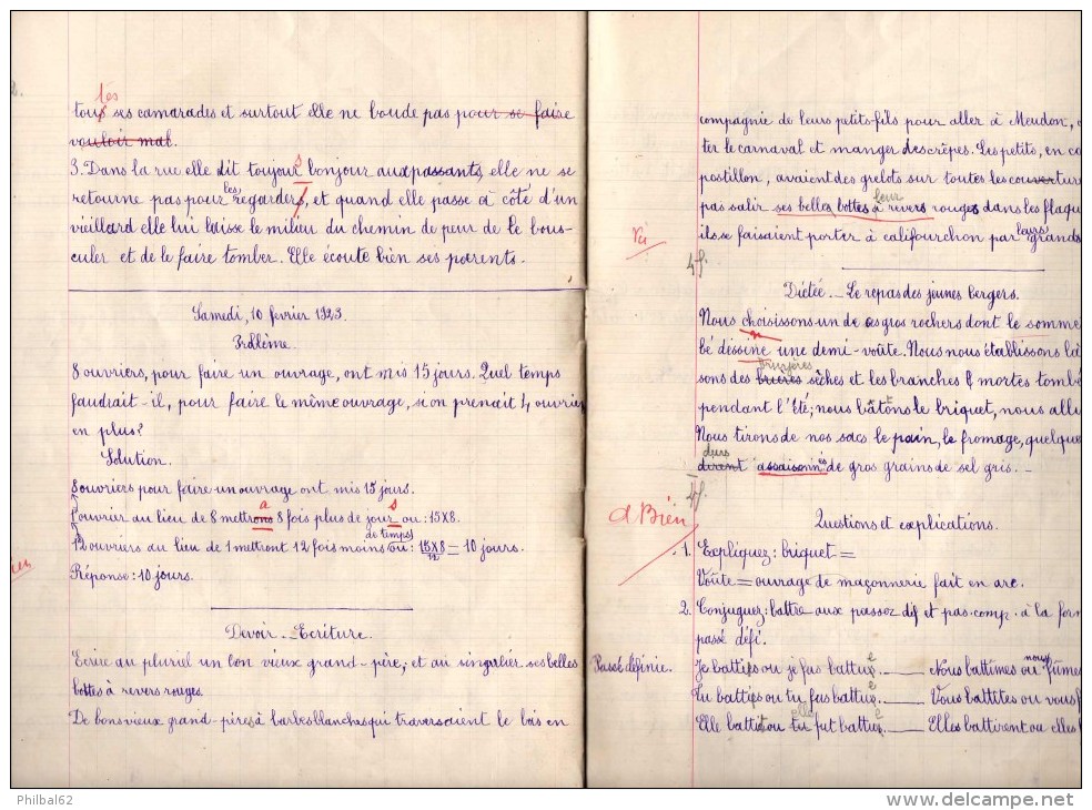 Cahier De Devoirs D´écolier, Janvier-février 1923: Français, Dictées, Conjugaison, Calcul, Problèmes. - Autres & Non Classés