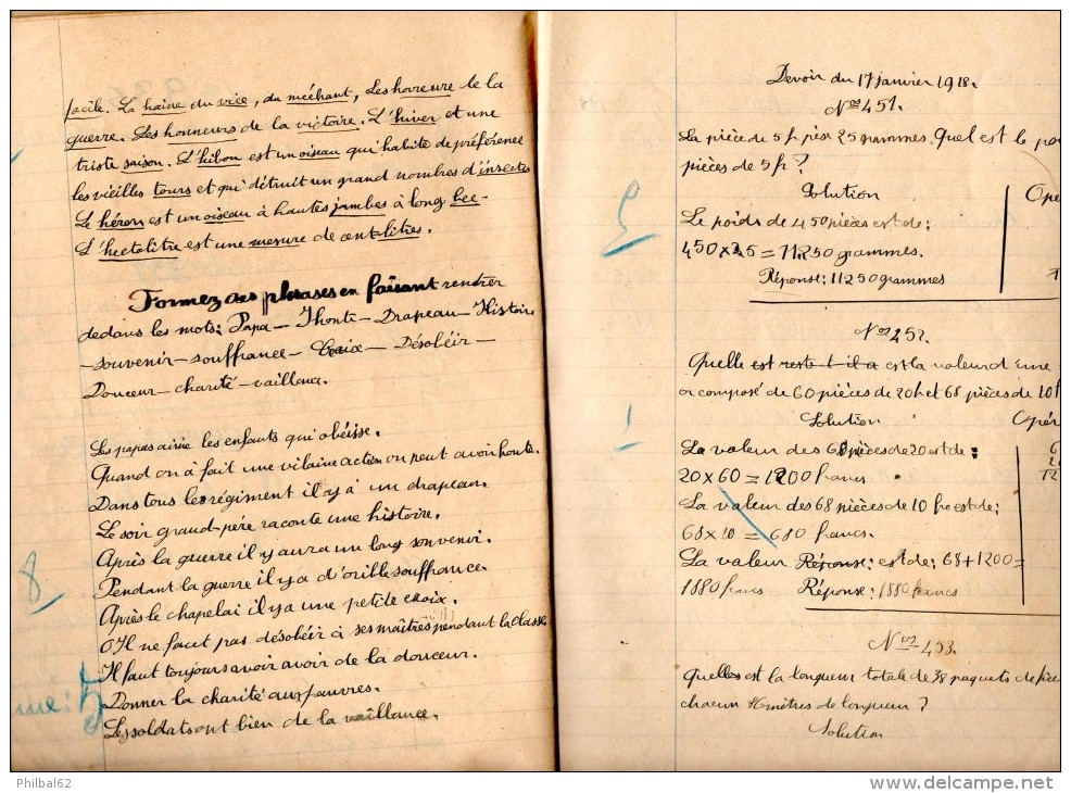 Cahier De Devoirs D´écolier 1918: Devoirs De Français, Grammaire, Dictées, De Calcul (problèmes). - Diplômes & Bulletins Scolaires