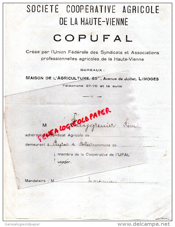 87 - PEYRAT DE BELLAC - PIERRE PUYGRENIER - STE COOPERATIVE AGRICOLE HAUTE VIENNE- COPUFAL- 50 AV. JUILLET LIMOGES- - Ohne Zuordnung