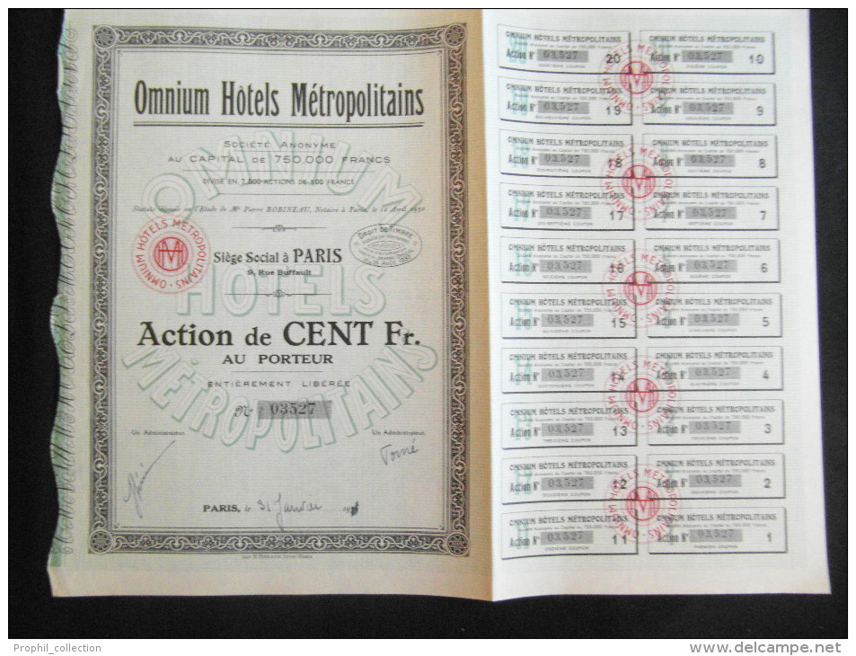 Action 100 F AU PORTEUR Omnium Hotels Metropolitains  Siege Paris Share Coupons - M - O