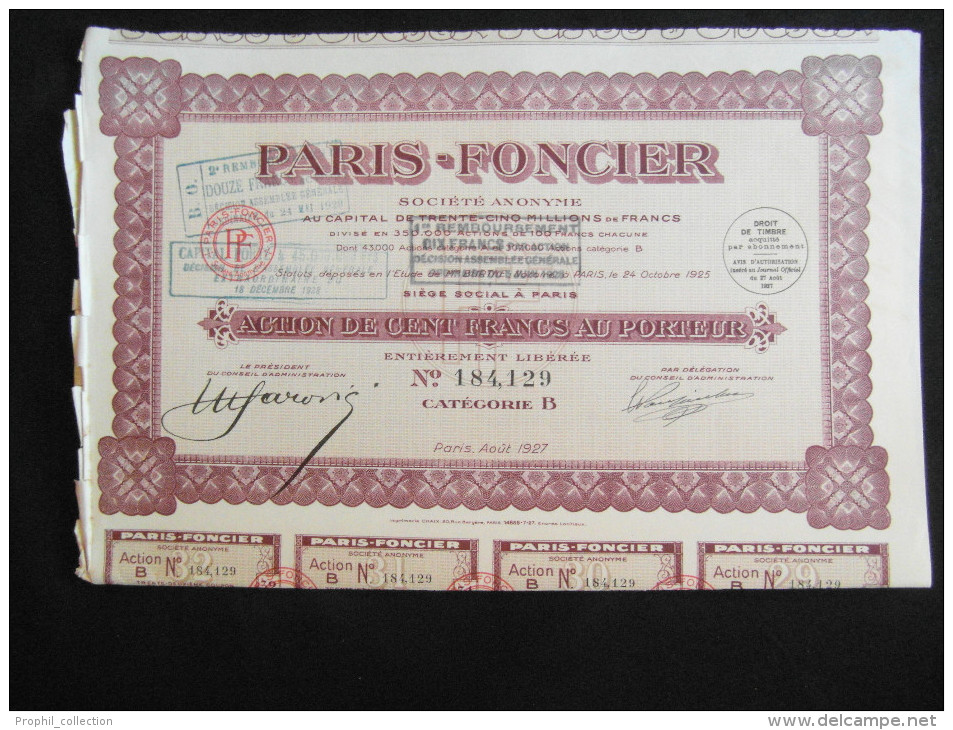 Action 100 F AU PORTEUR PARIS - FONCIER Categorie B  Siege Paris Share Coupons  Août 1927 - P - R