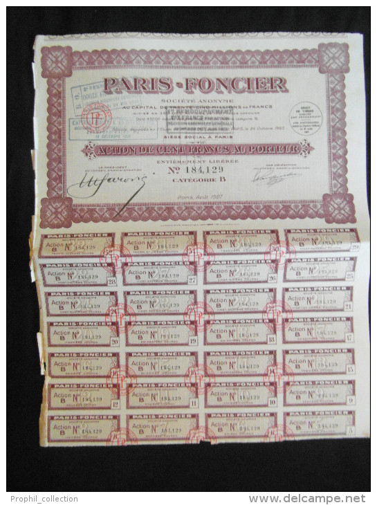 Action 100 F AU PORTEUR PARIS - FONCIER Categorie B  Siege Paris Share Coupons  Août 1927 - P - R