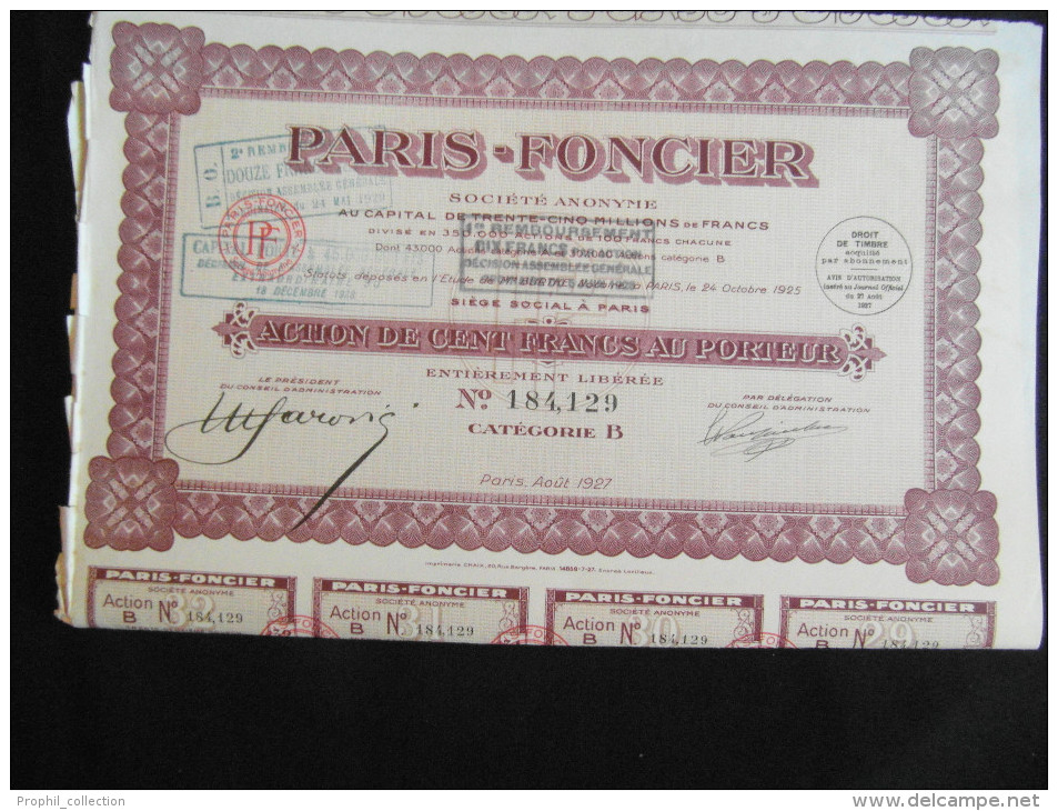 Action 100 F AU PORTEUR PARIS - FONCIER Categorie B  Siege Paris Share Coupons  Août 1927 - P - R