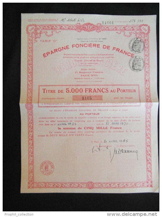 Titre 5000 Frs Epargne Fonciere De France Siege Social à Paris 30/04/1945 - D - F