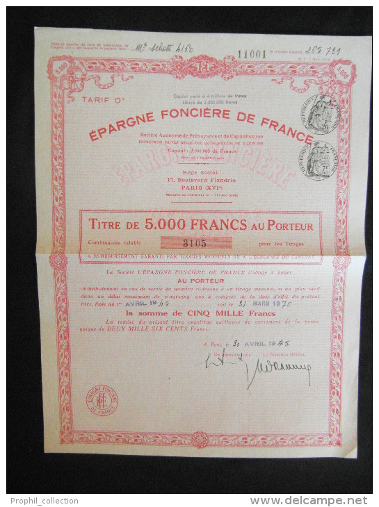 Titre 5000 Frs Epargne Fonciere De France Siege Social à Paris 30/04/1945 - D - F