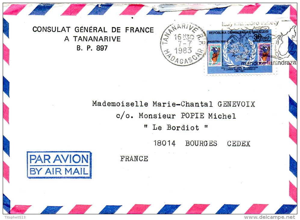 MADAGASCAR. N°660 De 1981 Sur Enveloppe Ayant Circulé. UPU/Timbre Sur Timbre. - UPU (Union Postale Universelle)