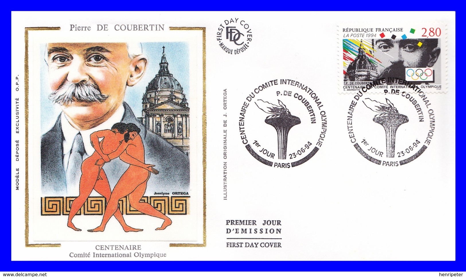 2889 (Yvert) Sur FDC Illustrée Sur Soie - Centenaire Du Comité International Olympique Pierre De Coubertin - France 1994 - 1990-1999