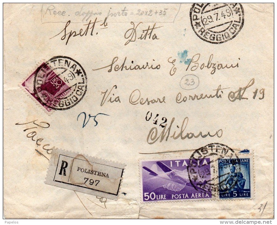 1949 LETTERA RACCOMANDATA CON ANNULLO POLISTENA REGGIO CALABRIA + AMBULANTE MESSINA - NAPOLI - Airmail