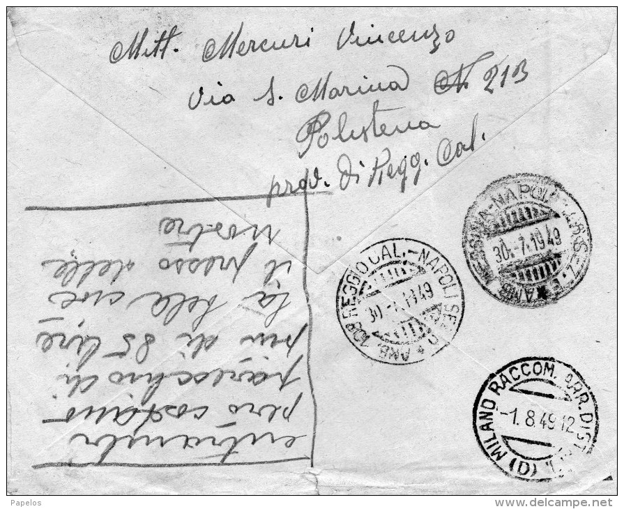 1949 LETTERA RACCOMANDATA CON ANNULLO POLISTENA REGGIO CALABRIA + AMBULANTE MESSINA - NAPOLI - Airmail