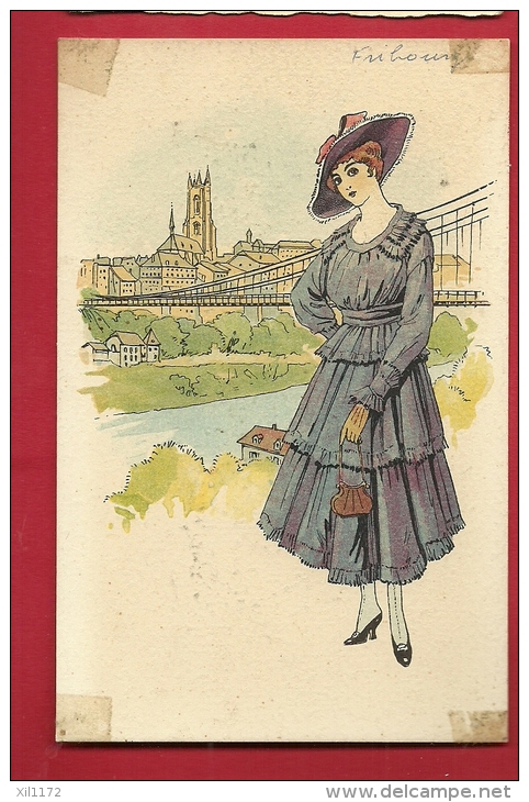 HAO-19 Litho Jeune Femme En Habit Du Dimanche, Avec Ville Fribourg En Arrière Plan, Sarine, Mode.Marques Sur Les Angles - Fribourg