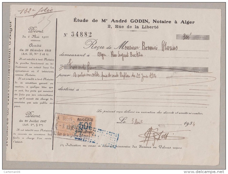 Reçu De L'étude De Me André Godin, Notaire à Alger (Algérie) 2 Rue De La Liberté - Timbre Fiscal - Other & Unclassified