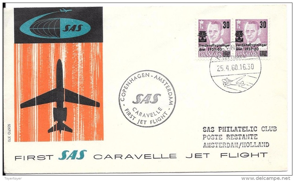 LE55 Lettre Du Danemark De PA 1ère Liaison En Caravelle Copenhague-Amsterdam - Poste Aérienne