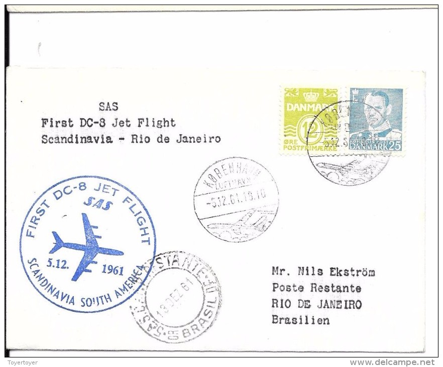 LE56 Lettre Du Danmark De PA 1ère Liaison Par DC-8 Jet Flight Scandinavie-Rio De Janeiro De 1961 - Poste Aérienne