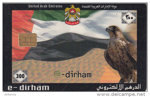 U.A.E.(chip) - Flag & Falcon, E-Dirham Telecard 300 Units, 03/03, Used - Ver. Arab. Emirate