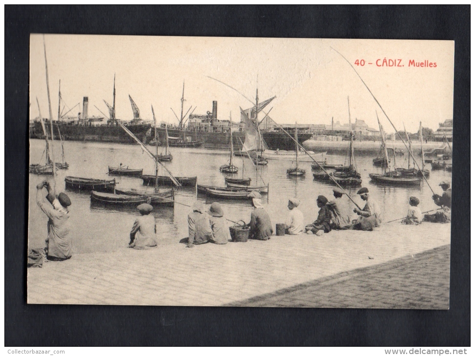 TARJETA POSTAL Espa&ntilde;a CADIZ MUELLES FISHING BOATS Original Ca1900 Postcard Cpa Ak (W4_1604) - Cádiz