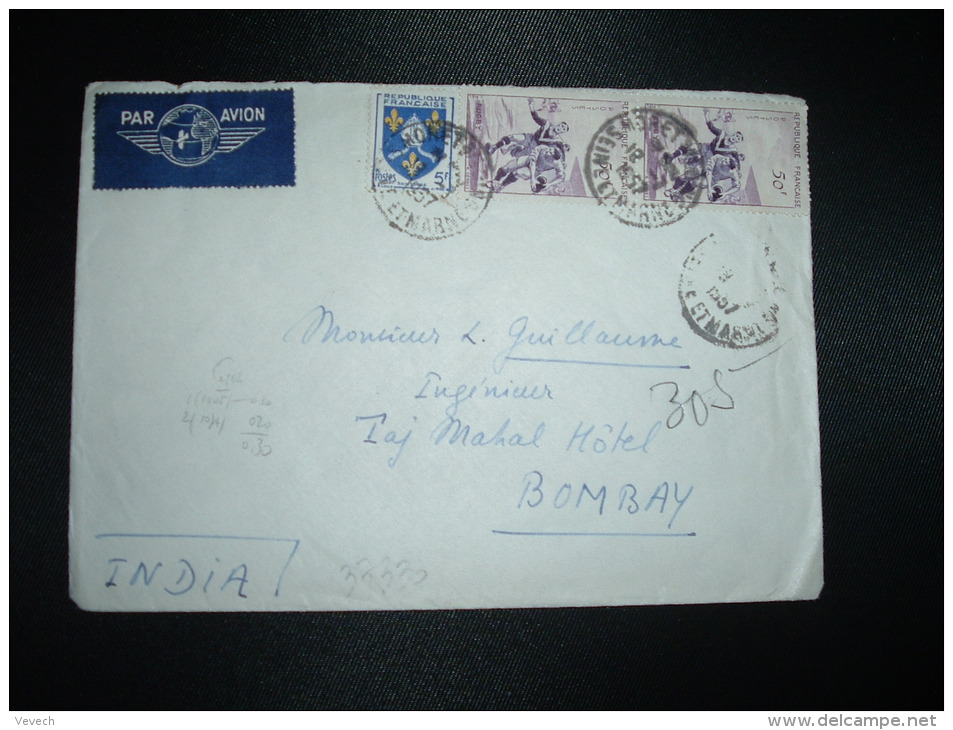 LETTRE PAR AVION POUR INDE TP RUGBY 50F X2 + SAINTONGE 5F OBL.18-7-1957 MORET S/LOING (77 SEINE ET MARNE) - Postal Rates