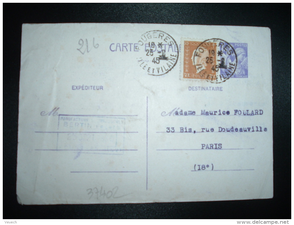 CP ENTIER IRIS 1F20 + TP MARIANNE DE DULAC 30C OBL.25-9-45 FOUGERES (35 ILLE ET VILAINE) - 1944-45 Marianne Van Dulac