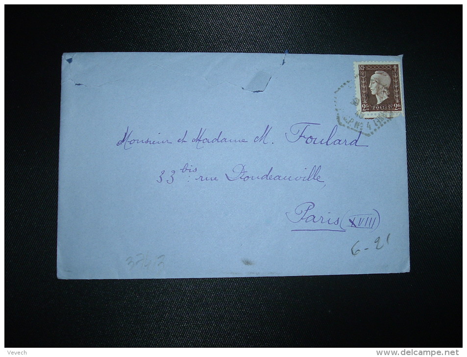 LETTRE TP MARIANNE DE DULAC 2F OBL. HEXAGONALE TIRETEE 30-11-45 MONTEREAU? (SEINE ET MARNE) CP N°4 - 1944-45 Marianne Van Dulac