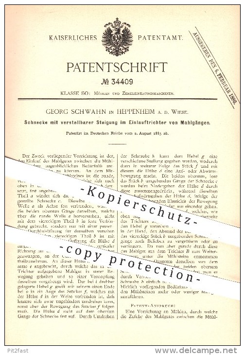 Original Patent - Georg Schwahn In Heppenheim A. D. Wiese , 1885 , Schnecke Im Einlauftrichter Von Mahlgängen , Mühlen - Historische Dokumente