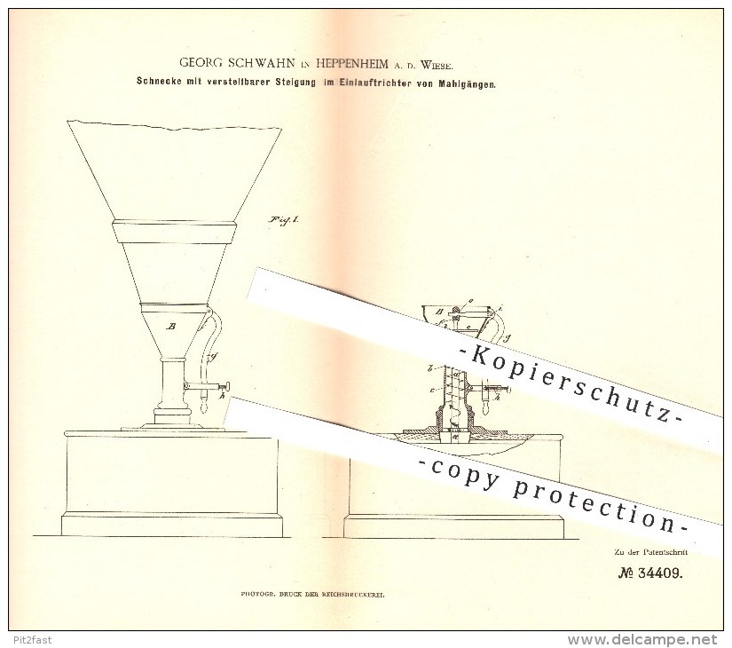 Original Patent - Georg Schwahn In Heppenheim A. D. Wiese , 1885 , Schnecke Im Einlauftrichter Von Mahlgängen , Mühlen - Historische Dokumente