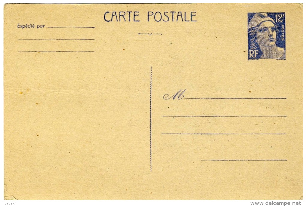 ENTIER POSTAL  # CARTE POSTALE # TYPE MARIANNE GANDON  # 12 F BLEU  # 1950 # REF STORCH -FRANCON # K 1 A # REPIQUAGE - Overprinter Postcards (before 1995)