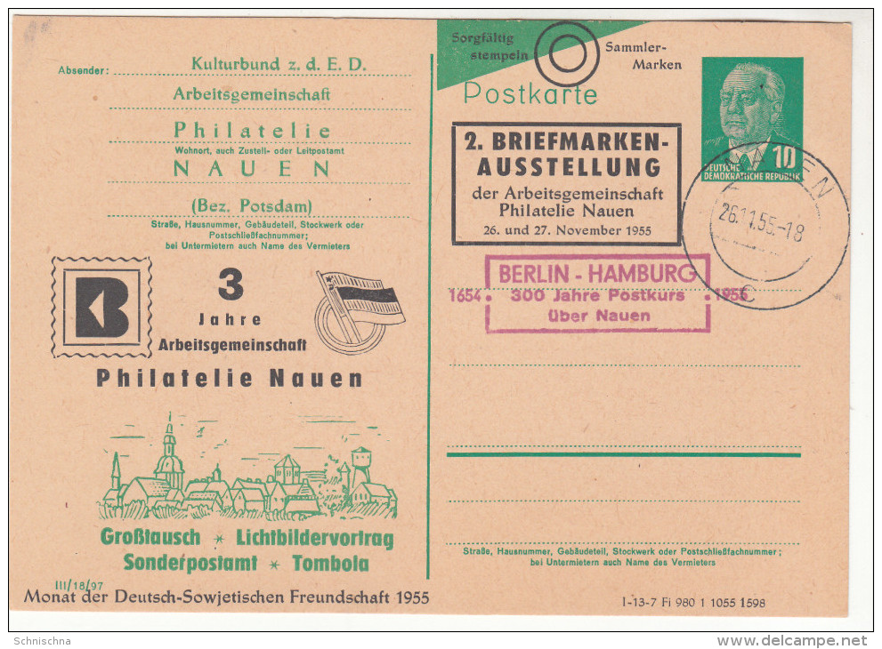 DDR Private Ganzsache, 3 Jahre Philatelie Nauen, Diverse Stempel, 1955 - Privatpostkarten - Gebraucht
