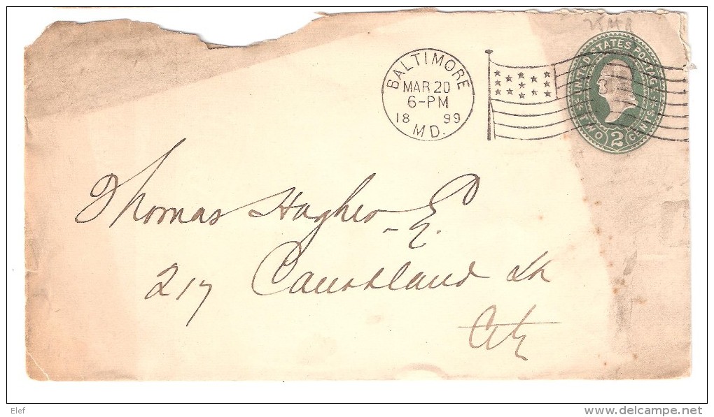 Cover Stationnery / Entier Washington 2 C, BALTIMORE M D , USA Obl US FLAG From Fisher & Shaw, 1899 - ...-1900