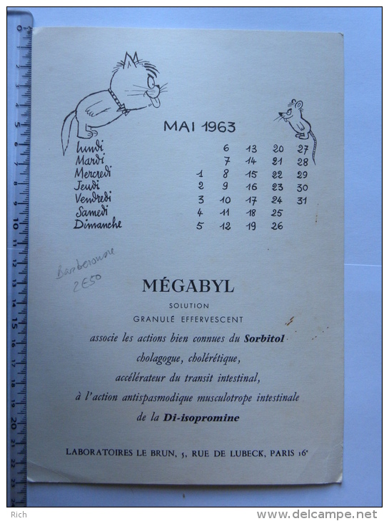 Calendrier Publicitaire Laboratoires Le Brun, Illustré Par BARBEROUSSE - Mai 1963 -  Chat Souris - Petit Format : 1961-70