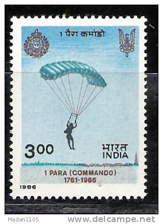 India, 1986, 1st Battalion Of Parachute Para  Commando, 225th Anniversary,  Defence, Army, Militaria, Sport MNH, (**) - Nuovi