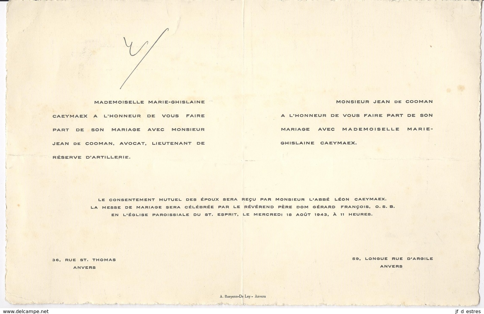 Faire Part Mariage Jean De Cooman Et Marie-Ghislaine Caeymaex Anvers 1943 - Boda
