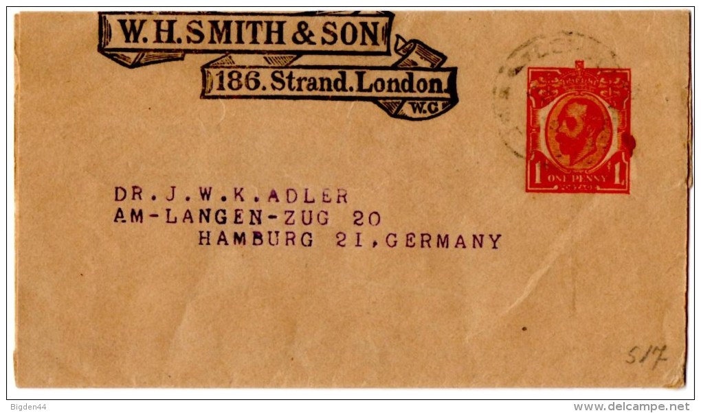 Wrapper_bande Pour Journaux_de Londres Pour Hambourg_One Penny Rouge - Entiers Postaux