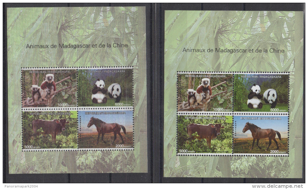 Madagascar Madagaskar 2014 Chine SILK + NORMAL Bloc Sheet Block China Joint Issue Faune Fauna Panda Cheval Horse Pferd - Bears