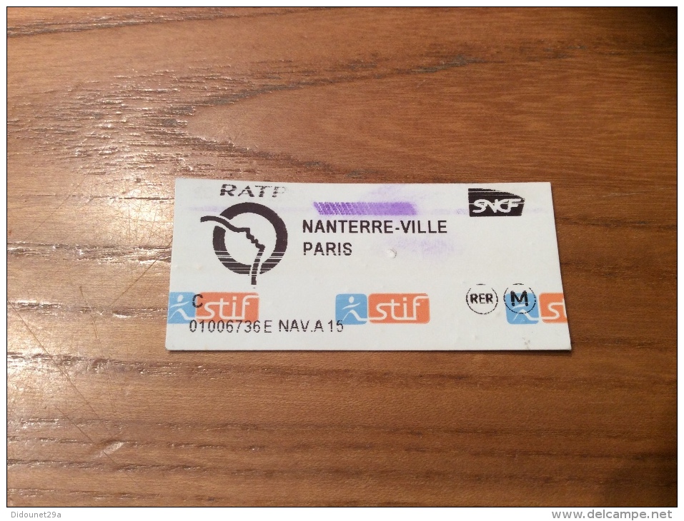 Ticket De Transport (métro, Train) Stif PARIS(75) "NANTERRE-VILLE - PARIS" - Europa