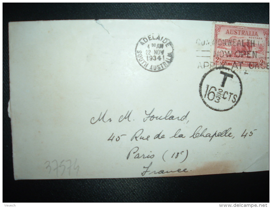 DEVANT DE LETTRE Pour FRANCE TP Captain Macarthur 2D OBL.MEC. 22 NOV 1934 ADELAIDE + CACHET T 16 2/3 CTS - Brieven En Documenten